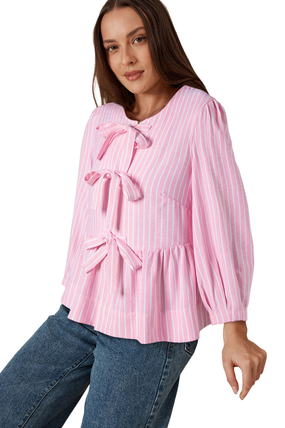 Pink Striped Print Sweet Bow Tie Blouse - The Fair Lady Shop