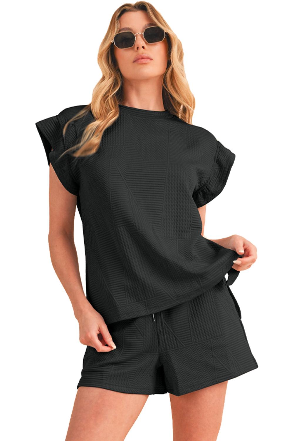Dark Green Textured Ruffle Split Top and Drawstring Shorts Set - The Fair Lady Shop