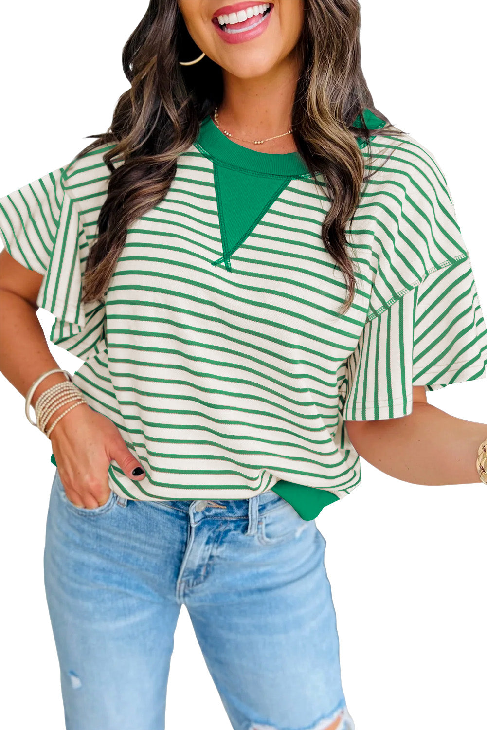 Bright Green Striped Ruffle Sleeve Round Neck Top - The Fair Lady Shop
