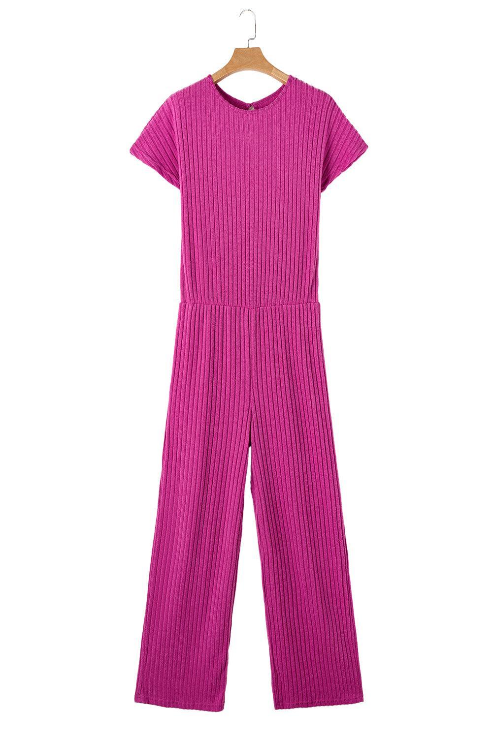 Grass Green Solid Color Ribbed Short Sleeve Wide Leg Jumpsuit - The Fair Lady Shop