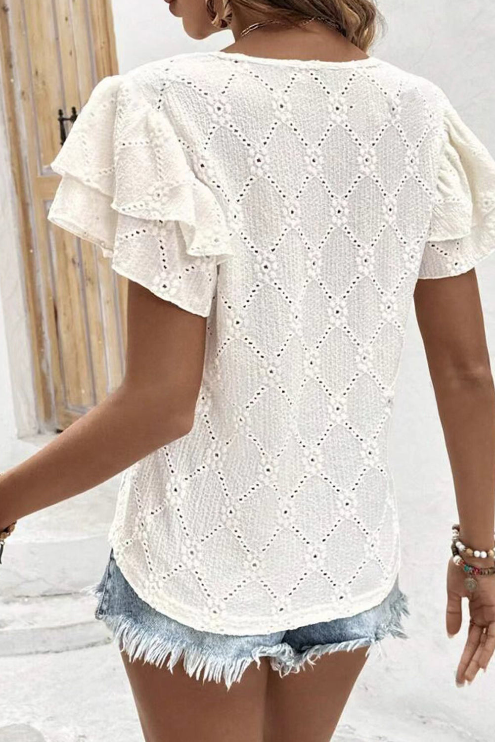 White Eyelet V-Neck Ruffle Sleeve Top - The Fair Lady Shop