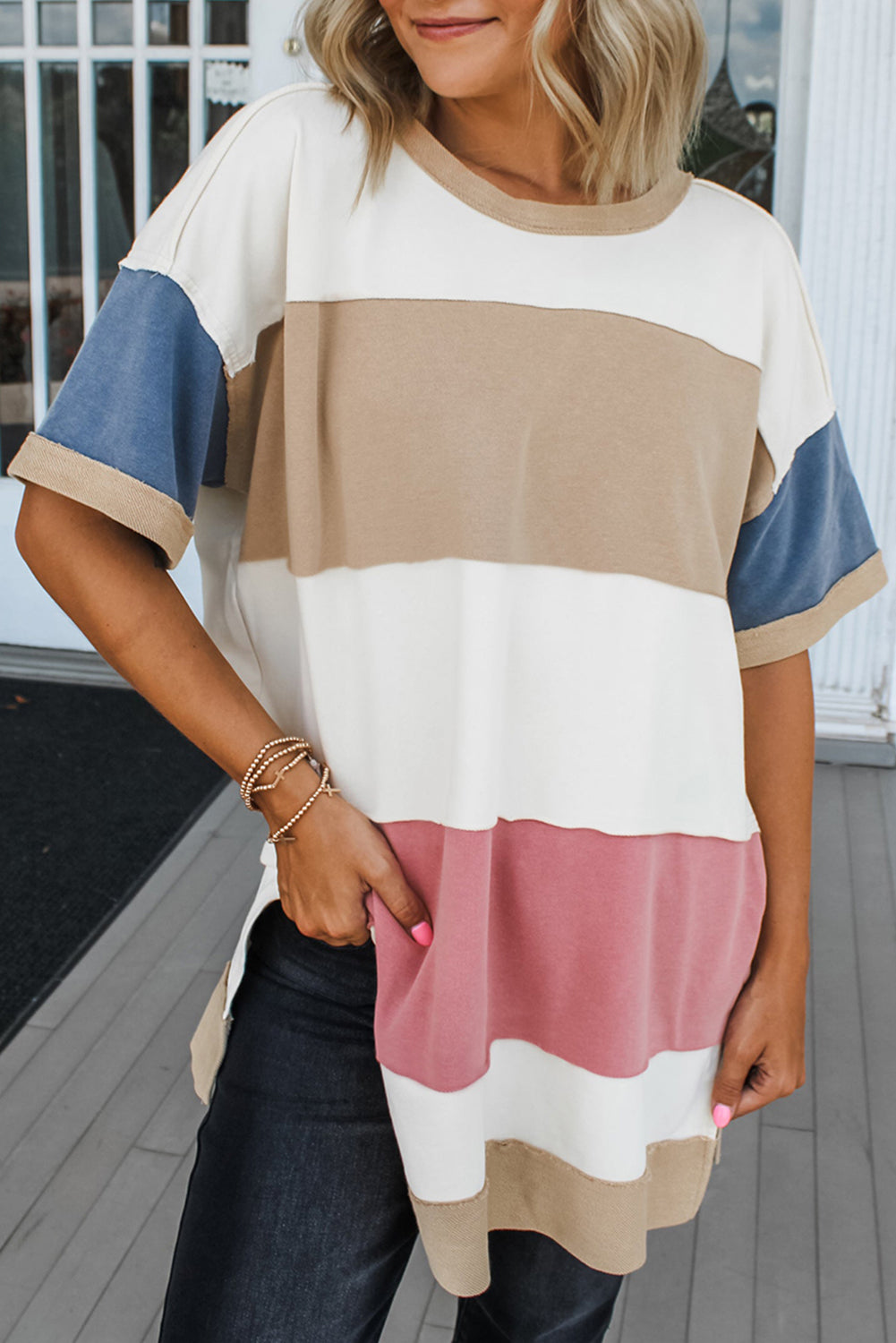 Multicolour Colorblock Patchwork Side Split Tunic T Shirt - The Fair Lady Shop
