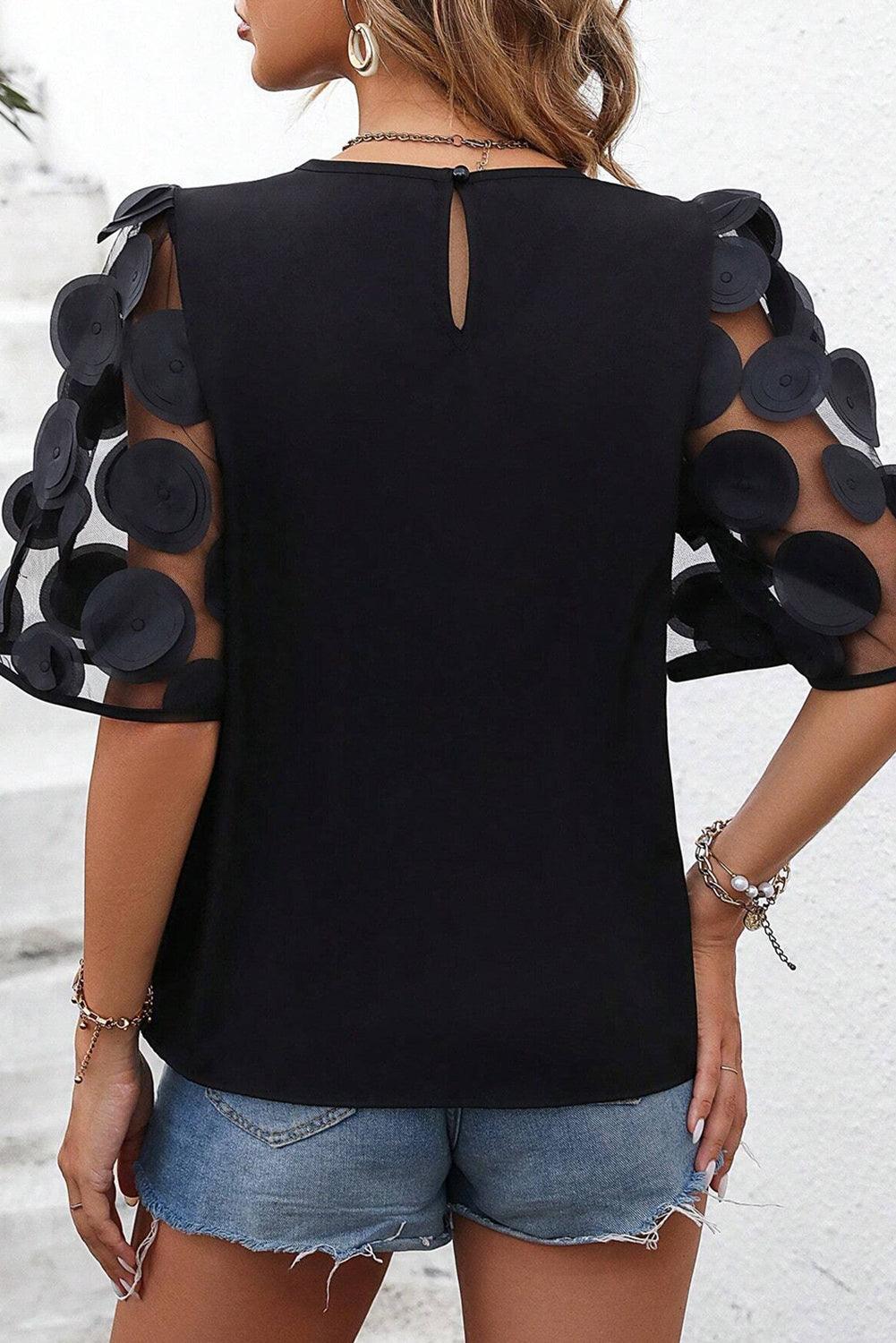 Black Applique Mesh Keyhole Back Splicing Sleeve Blouse - The Fair Lady Shop