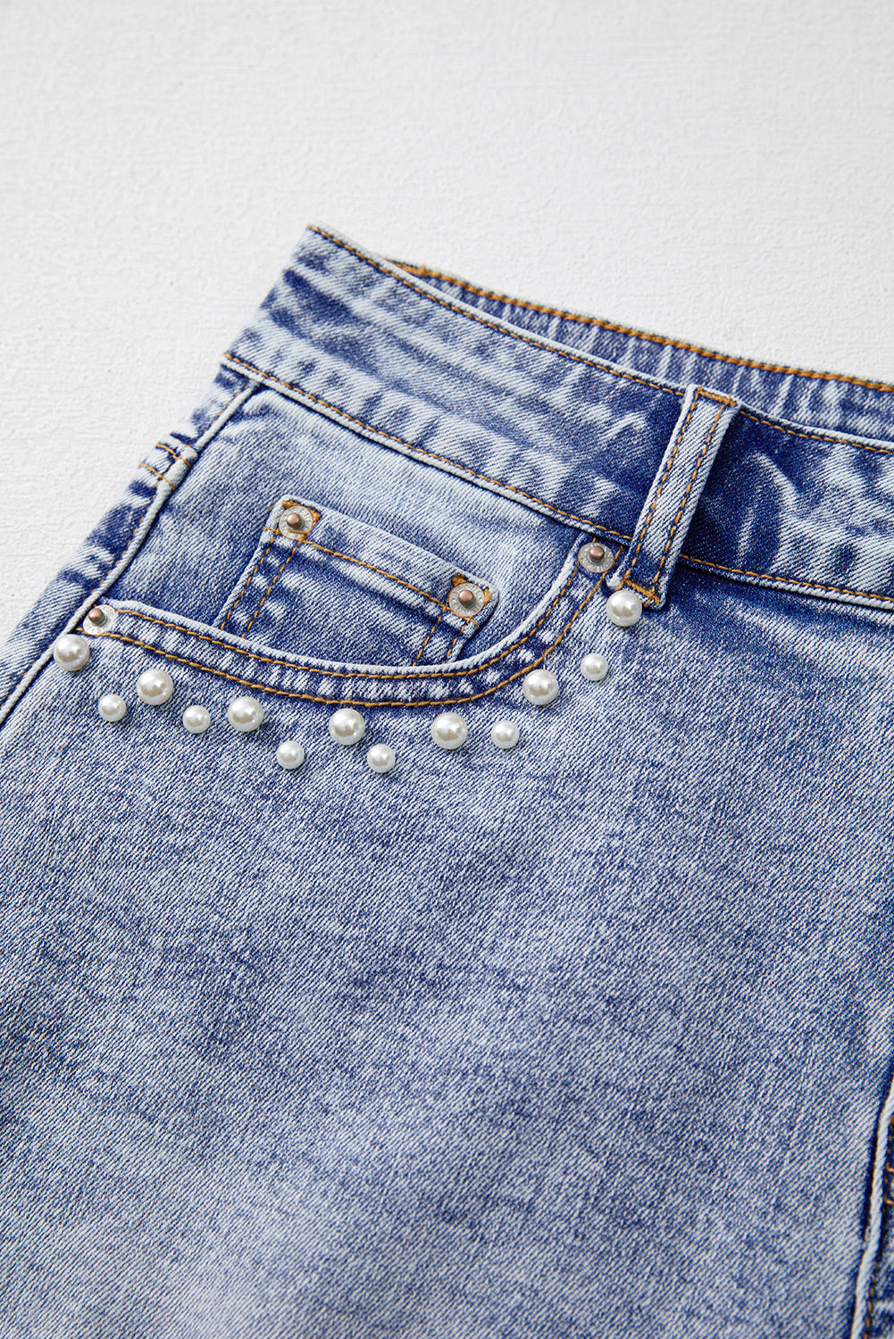 Beau Blue Pearl Studded Pocket Raw Hem Denim Shorts - The Fair Lady Shop