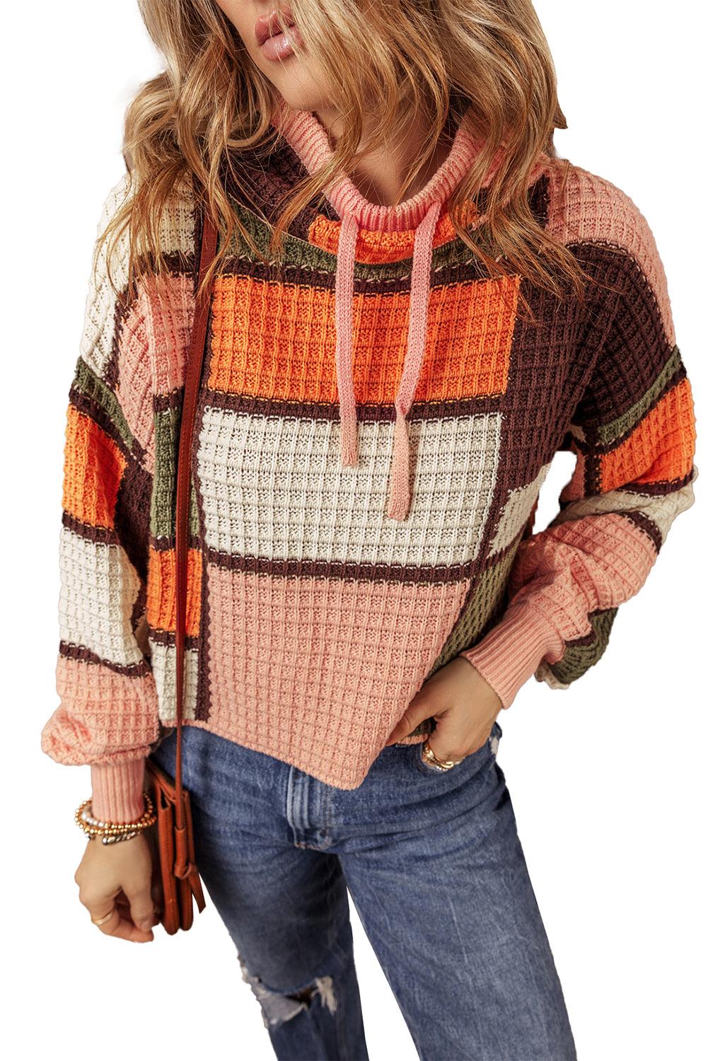 Orange Color Block Waffle Knit Drawstring Mock Neck Sweater - The Fair Lady Shop