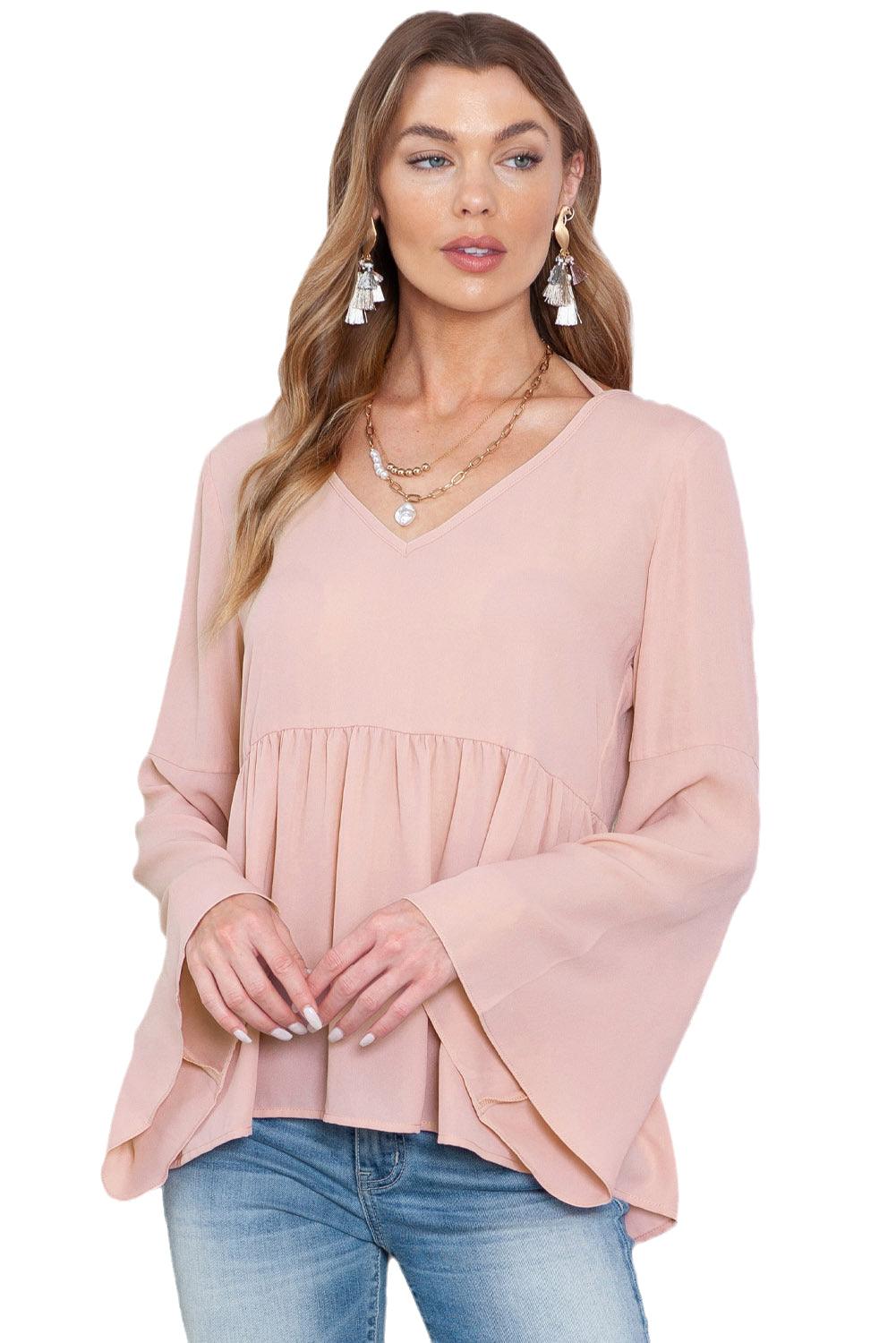 Pink Bell Sleeve Top V Neck Tie Back Peplum Blouse - The Fair Lady Shop