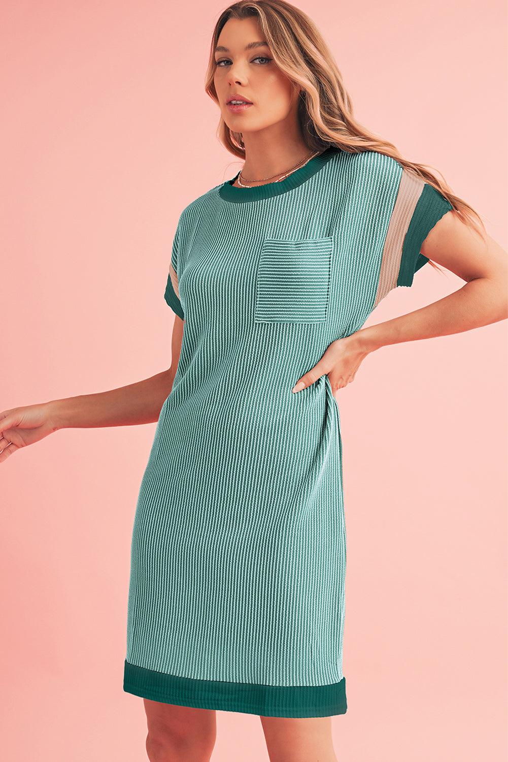 Light French Beige Rib Textured Colorblock Pocket T Shirt Dress - The Fair Lady Shop