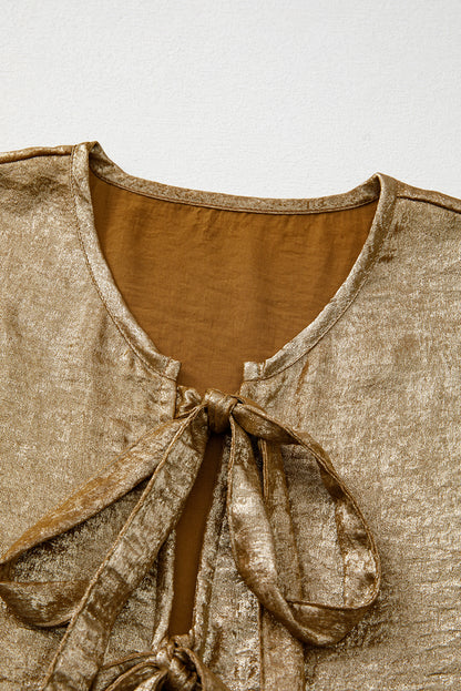 Gold Solid Color Bowknot Front Puff Sleeve Blouse - The Fair Lady Shop
