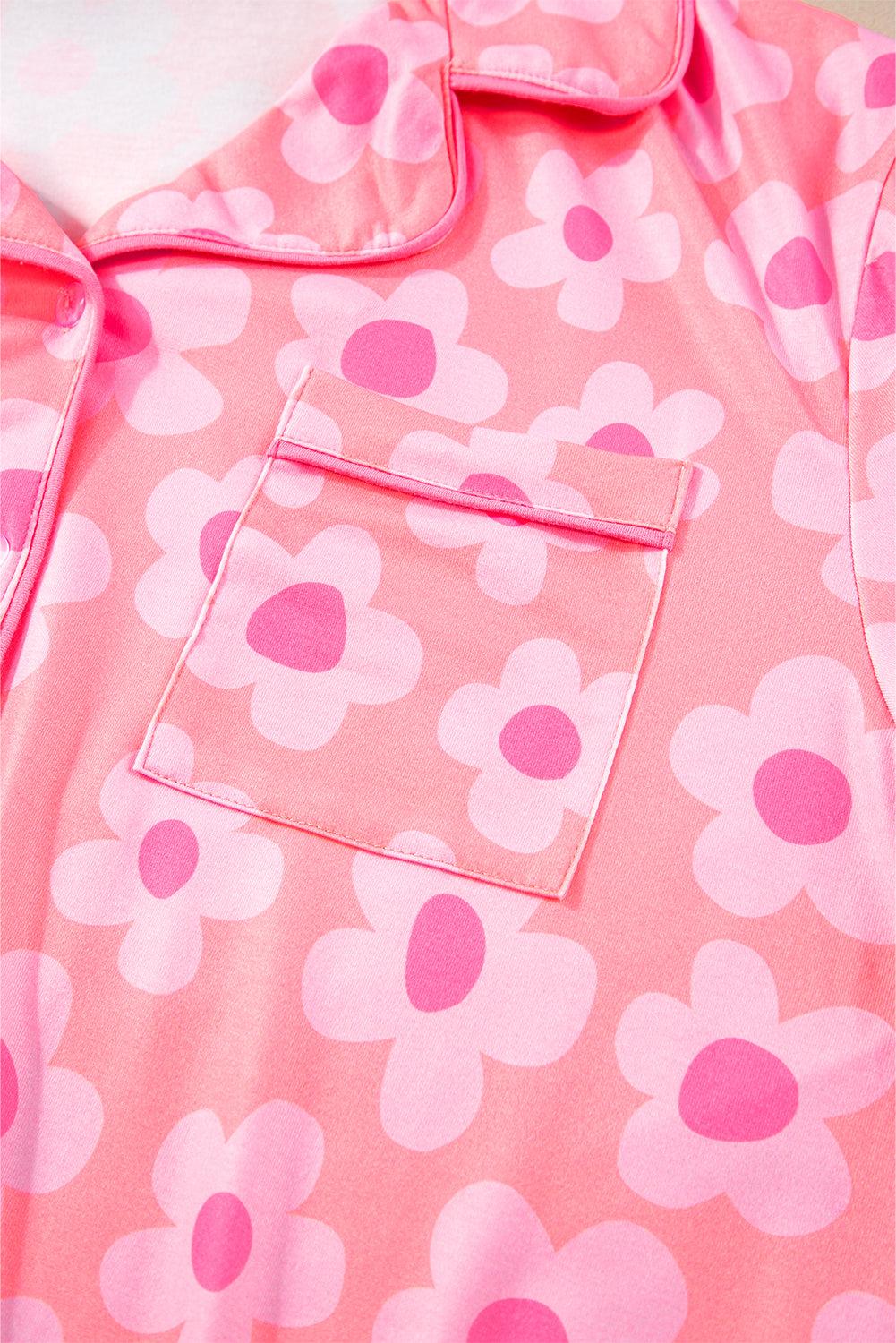 Green Flower Print Buttoned Shirt and Drawstring Waist Pajama Set - The Fair Lady Shop