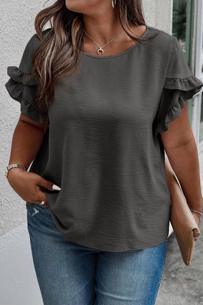 Light French Beige Ruffled Short Sleeve Plus Size Top - The Fair Lady Shop