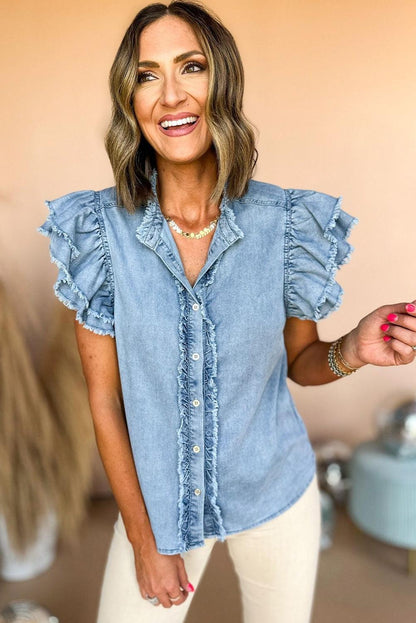 Ashleigh Blue Button Front Ruffled Flutter Frayed Denim Top - The Fair Lady Shop