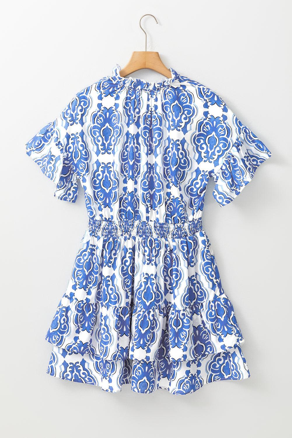 Ashleigh Blue Abstract Print Smocked Waist Tiered Mini Dress - The Fair Lady Shop