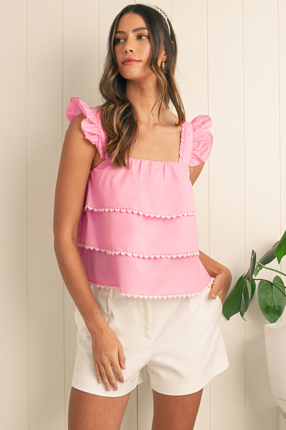 Pink Frill Square Neck Layered Ruffle Sleeveless Shirt - The Fair Lady Shop