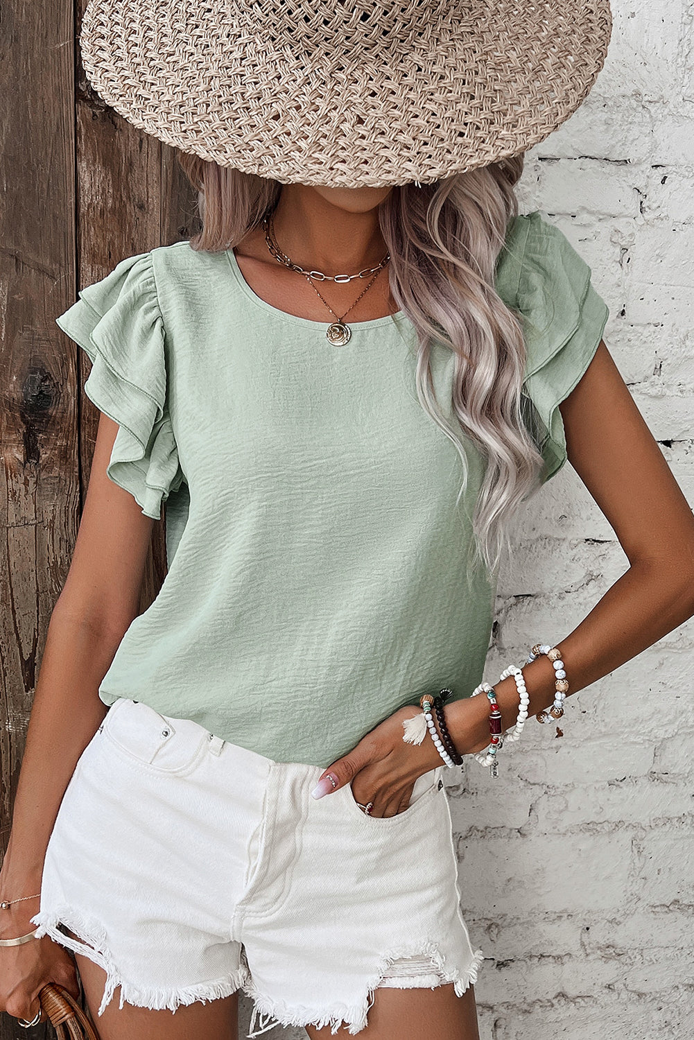 Clearly Aqua Solid Color Ruffle Sleeve Crinkled Blouse - The Fair Lady Shop