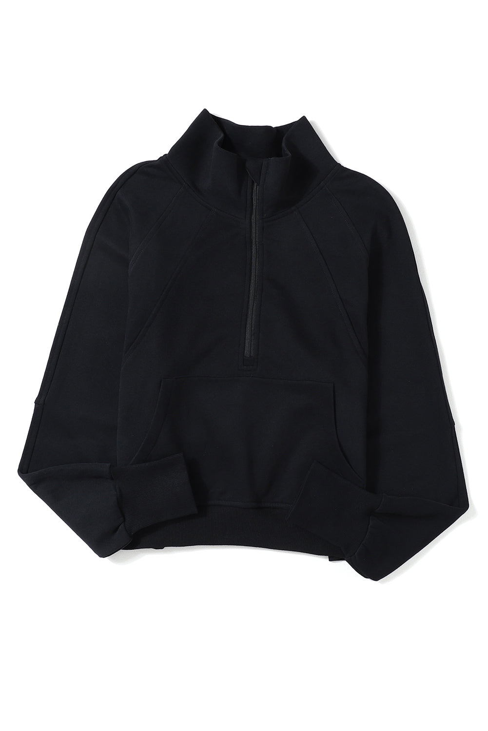 Black Zip Up Stand Collar Ribbed Thumbhole Sleeve Sweatshirt - The Fair Lady Shop