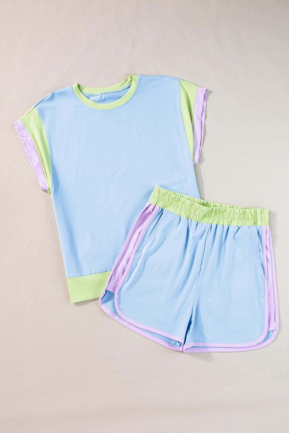 Peach Blossom Color Block Loose Fit Top & Elastic Waist Shorts Set - The Fair Lady Shop