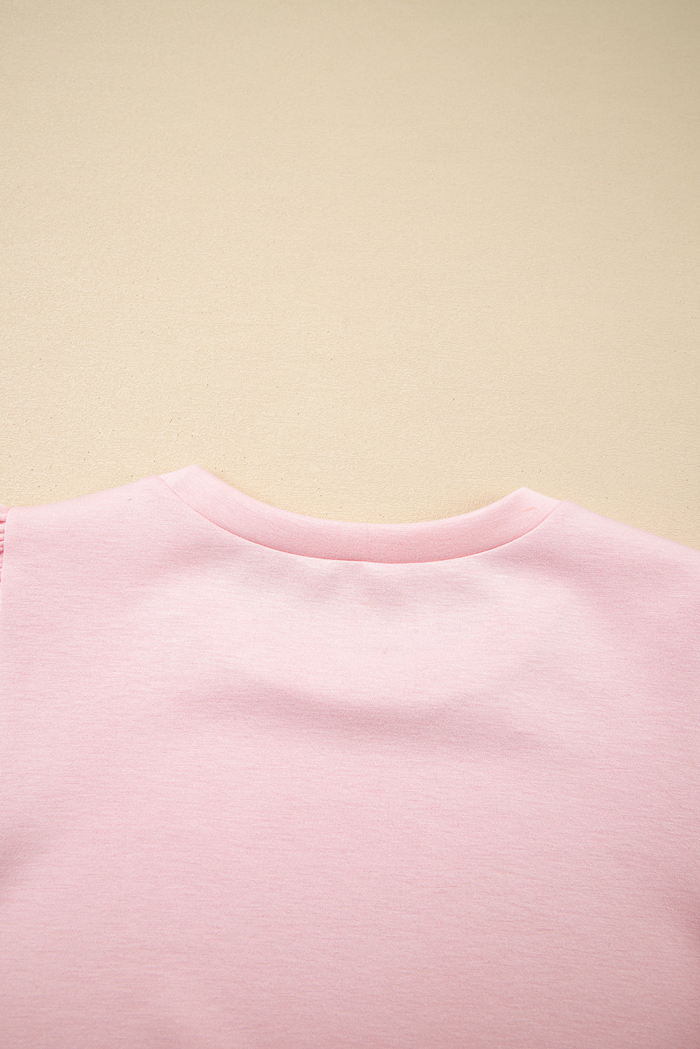 Light Pink Puff Sleeve Pearl Embellished Scallop Hem 2-Piece Shorts Set