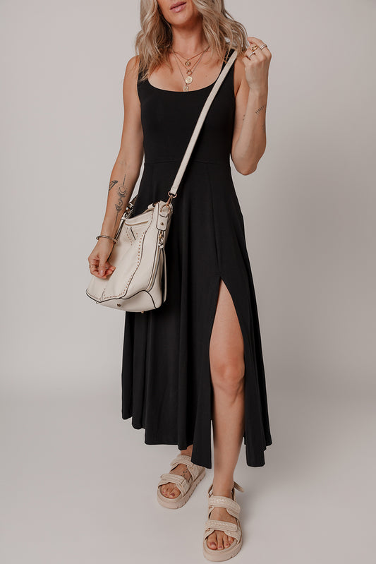 Black Sleeveless Scoop Neck Flared Split Midi Dress - The Fair Lady Shop