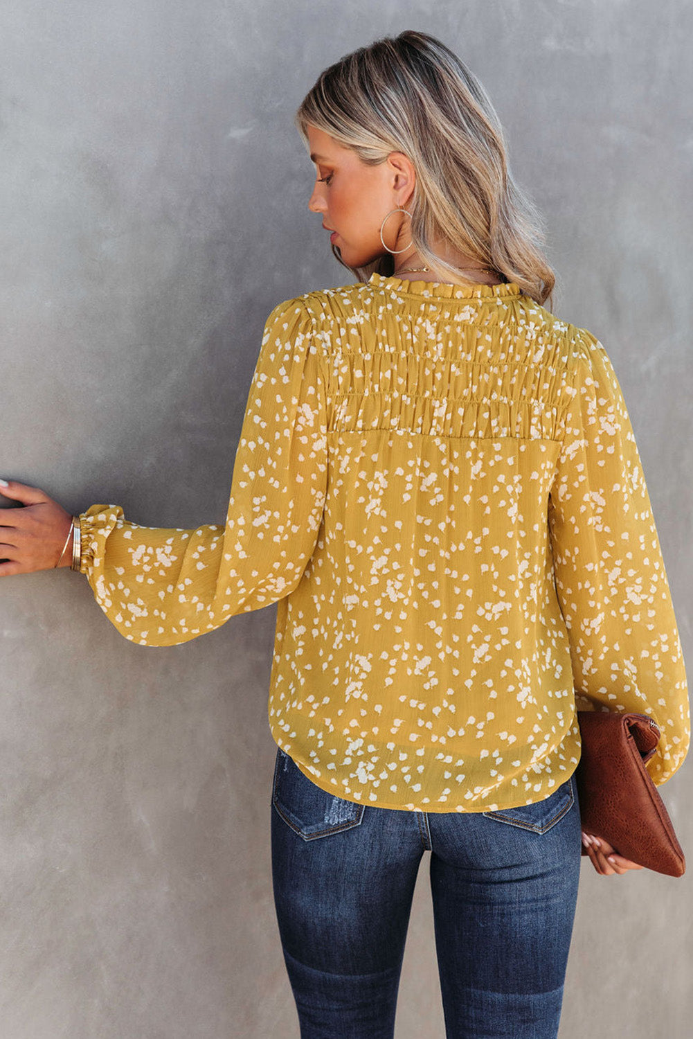 Yellow Frill Split V Neck Boho Crinkled Blouse - The Fair Lady Shop