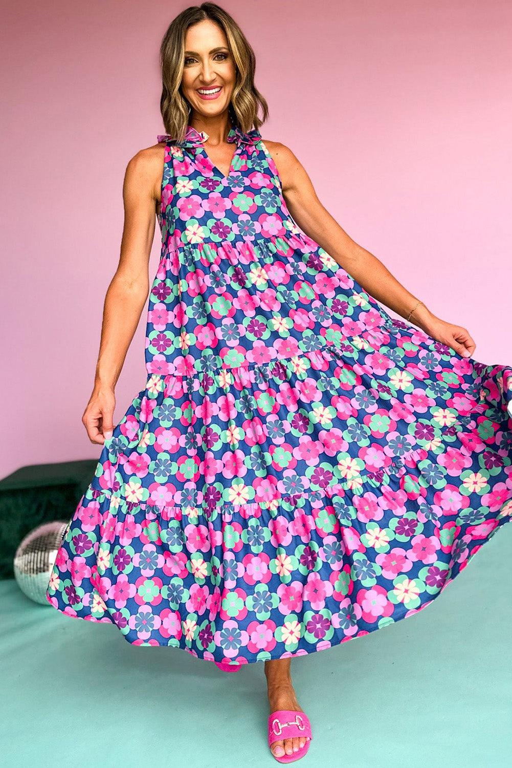 Sky Blue 60s Flower Split Neck Sleeveless Tiered Maxi Dress - The Fair Lady Shop