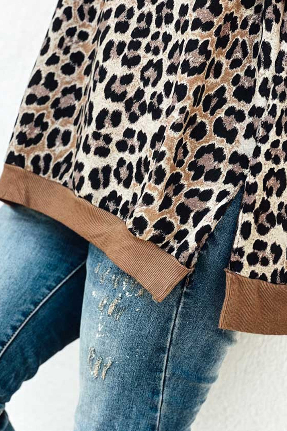 Khaki Leopard Contrast Trim Short Sleeve Loose Plus Size Top - The Fair Lady Shop