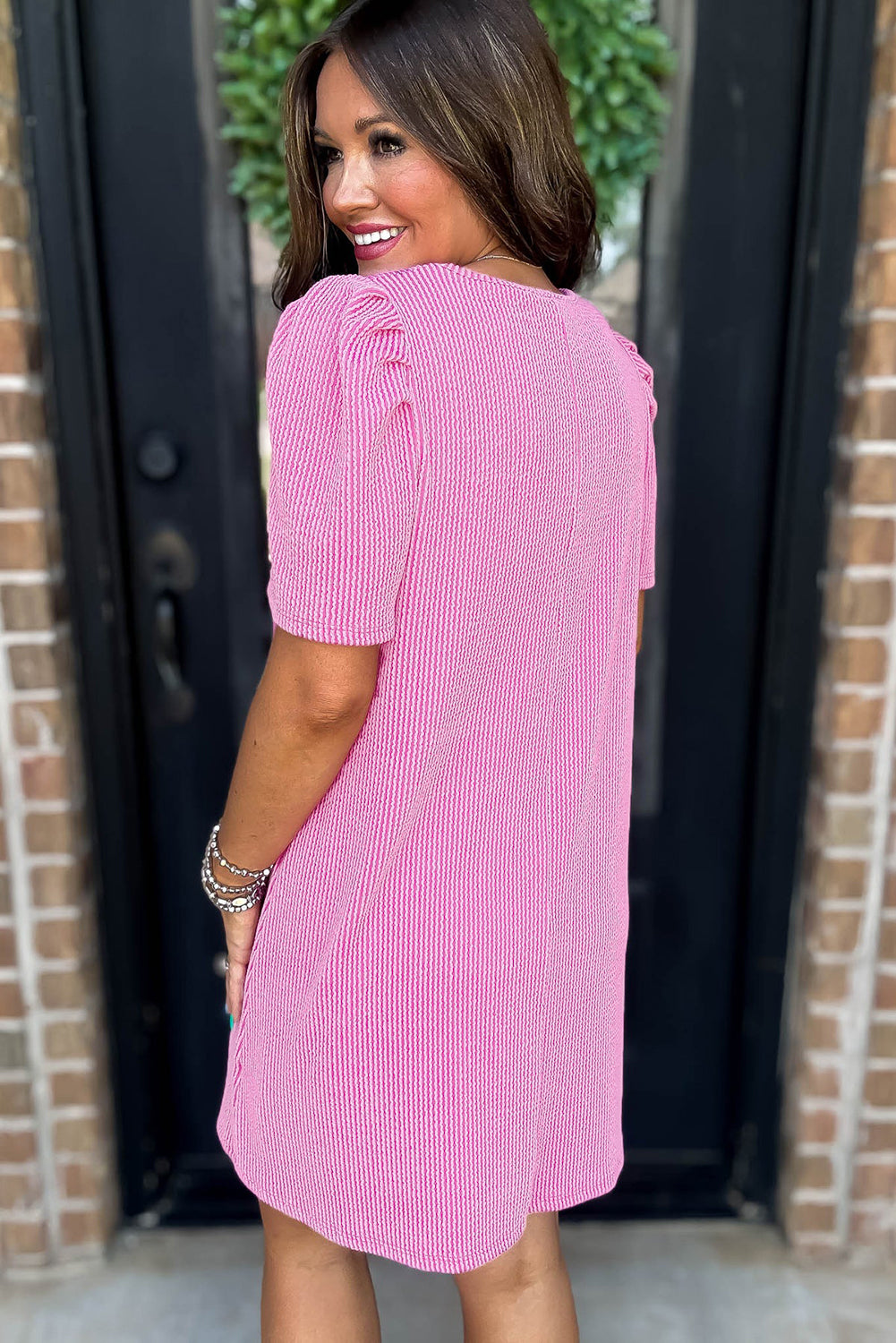 Bright Pink Corded Crew Neck Puff Sleeve Mini Dress - The Fair Lady Shop
