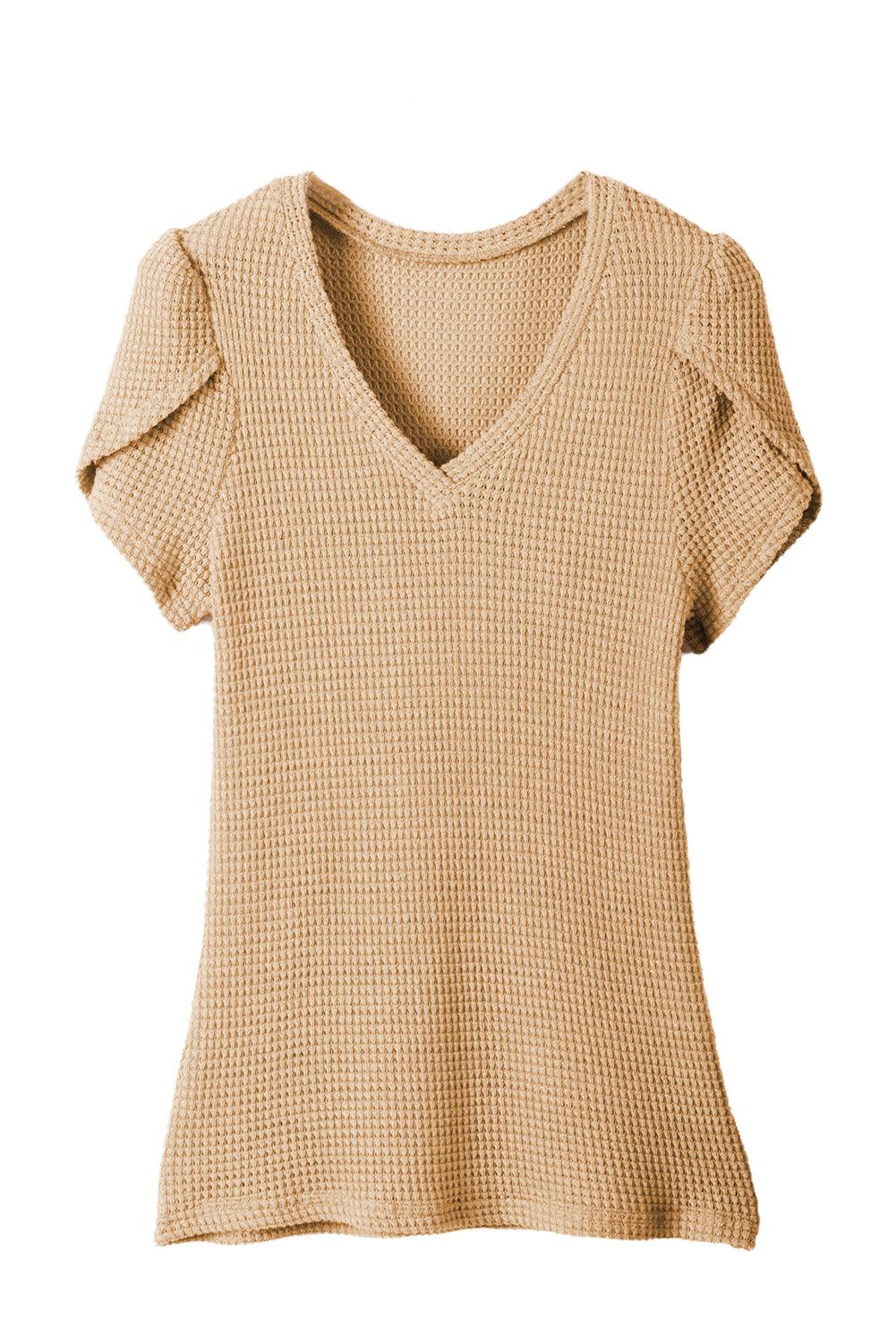 Mist Green Tulip Sleeve Waffle Knit V Neck T-Shirt - The Fair Lady Shop