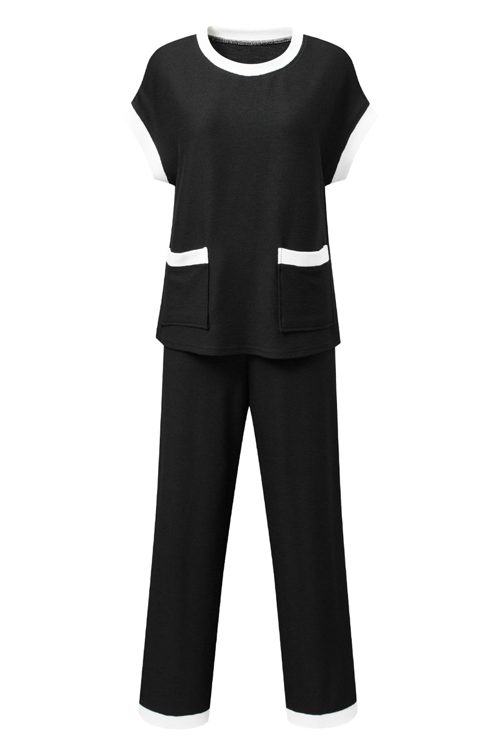 Black Contrast Trim Pocket T Shirt and Wide Leg Pants Set - The Fair Lady Shop