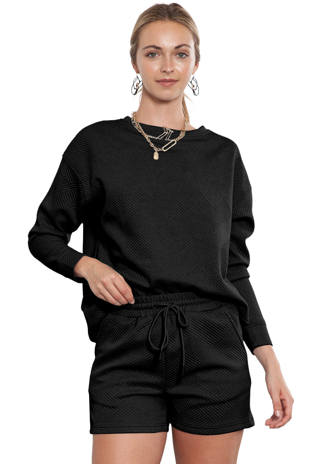 Black Textured Long Sleeve Top & Drawstring Shorts Set - The Fair Lady Shop