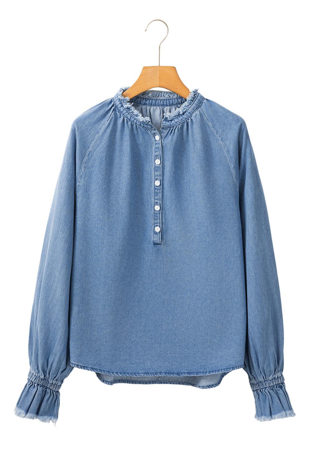 Sky Blue Frilled Raw Hem Half Buttoned Denim Top - The Fair Lady Shop