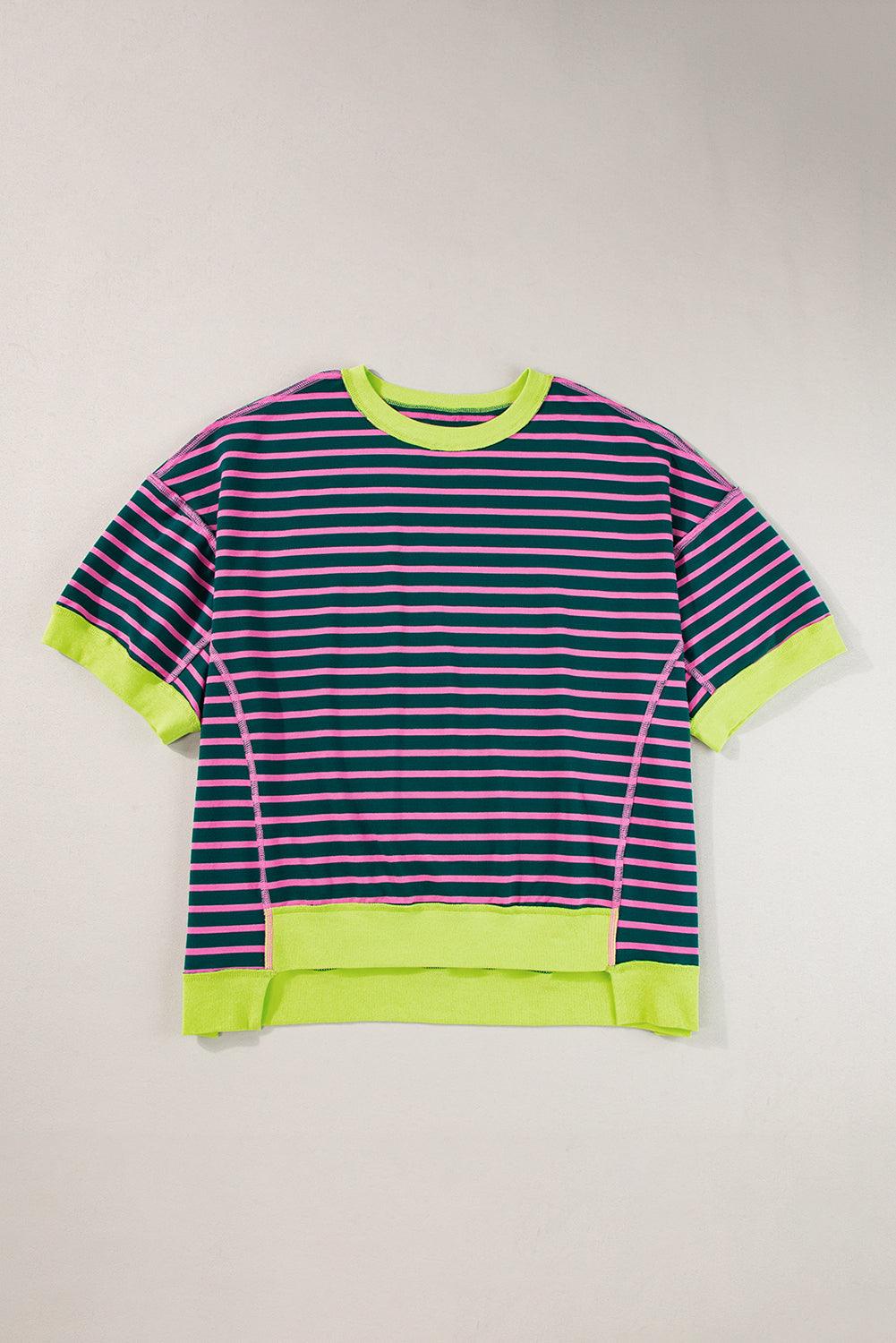 Pink Stripe Colorblock Drop Sleeve Oversized T Shirt - The Fair Lady Shop