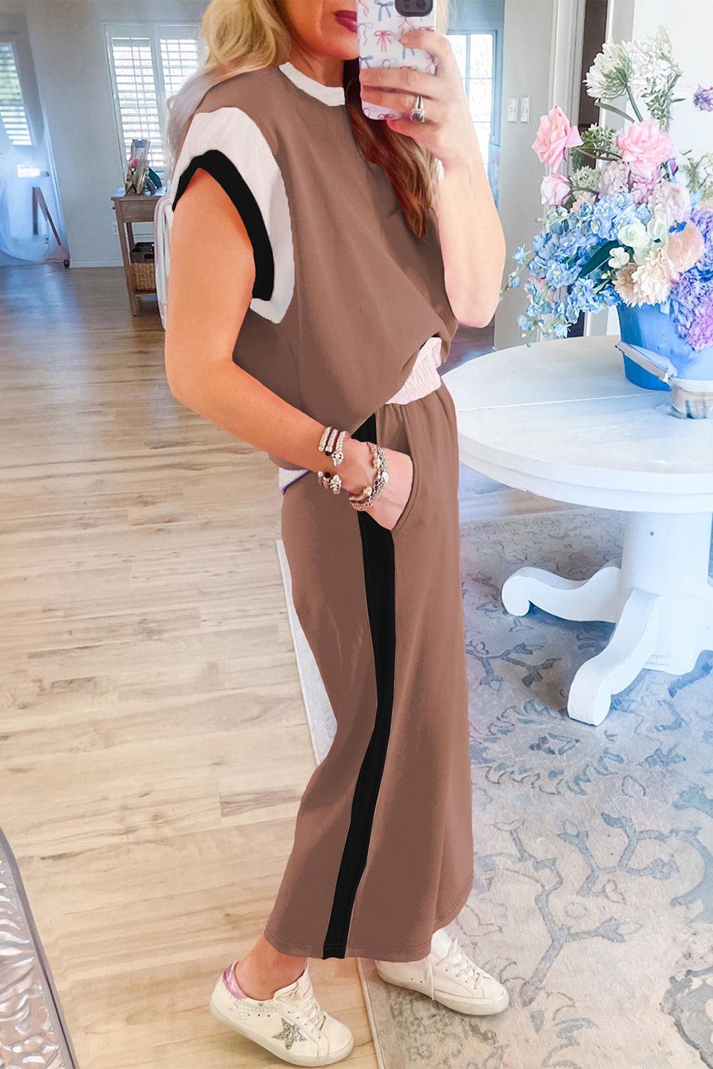 Chestnut Colorblock Cap Sleeve Tee and Wide Leg Pants Set - The Fair Lady Shop