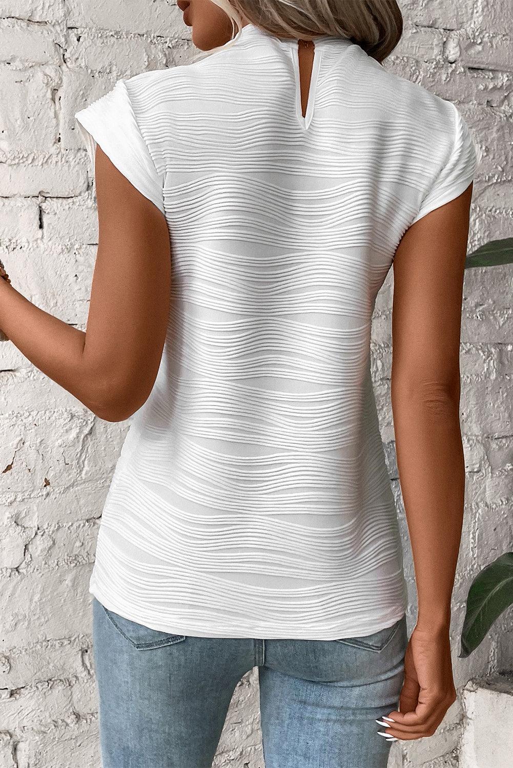 Dark Green Wavy Textured Mock Neck Cap Sleeve Top - The Fair Lady Shop