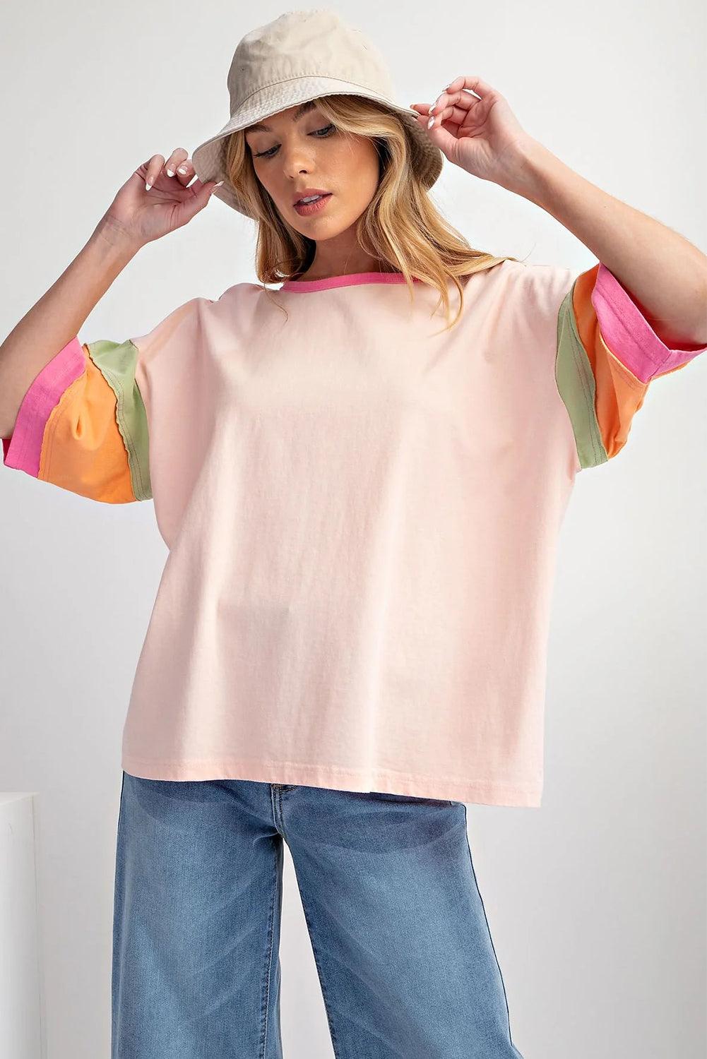 Pink Color Block Sleeve Round Neck Oversize Top - The Fair Lady Shop