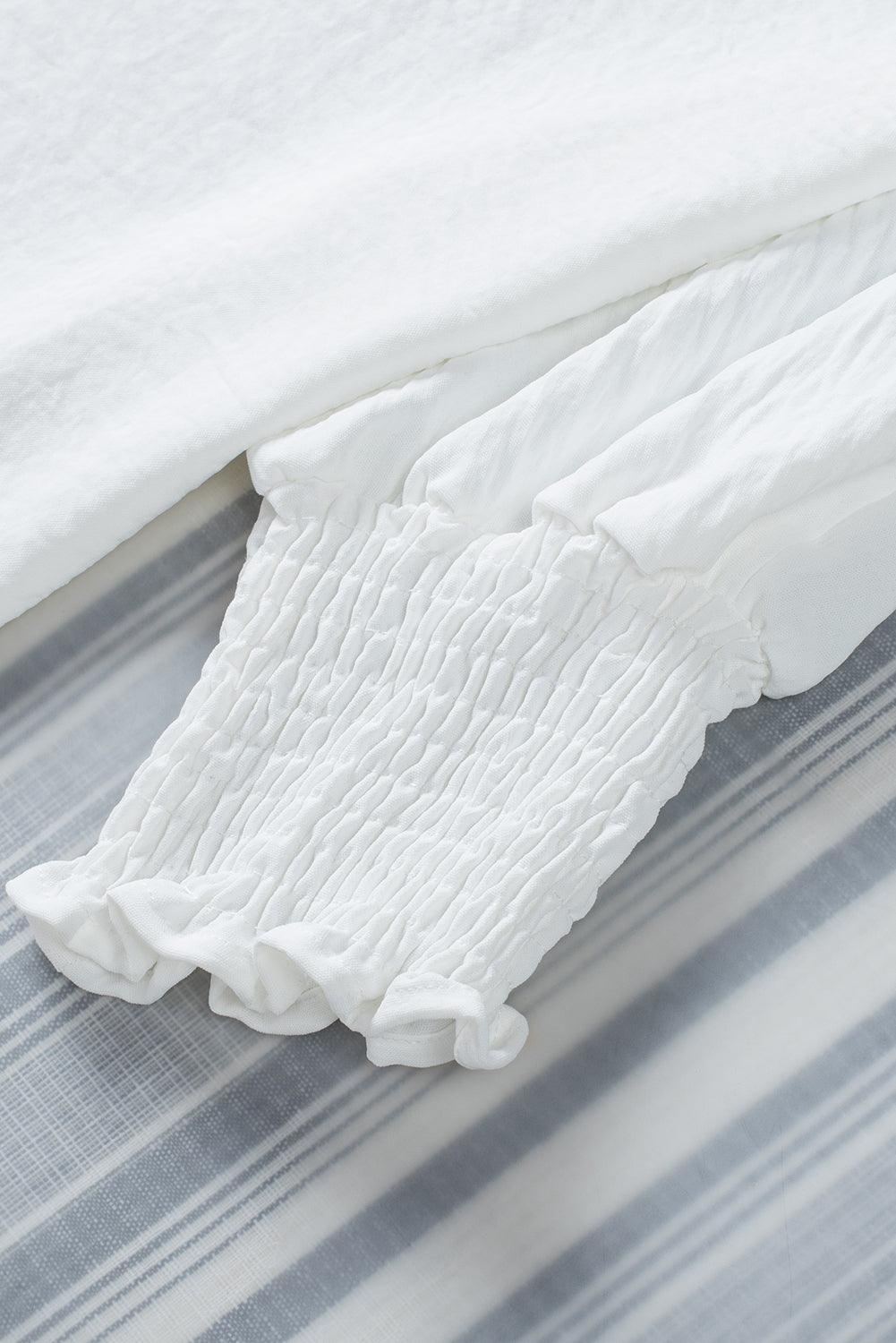 White Plain & Casual Shirred Cuffs Half Sleeve Top - The Fair Lady Shop