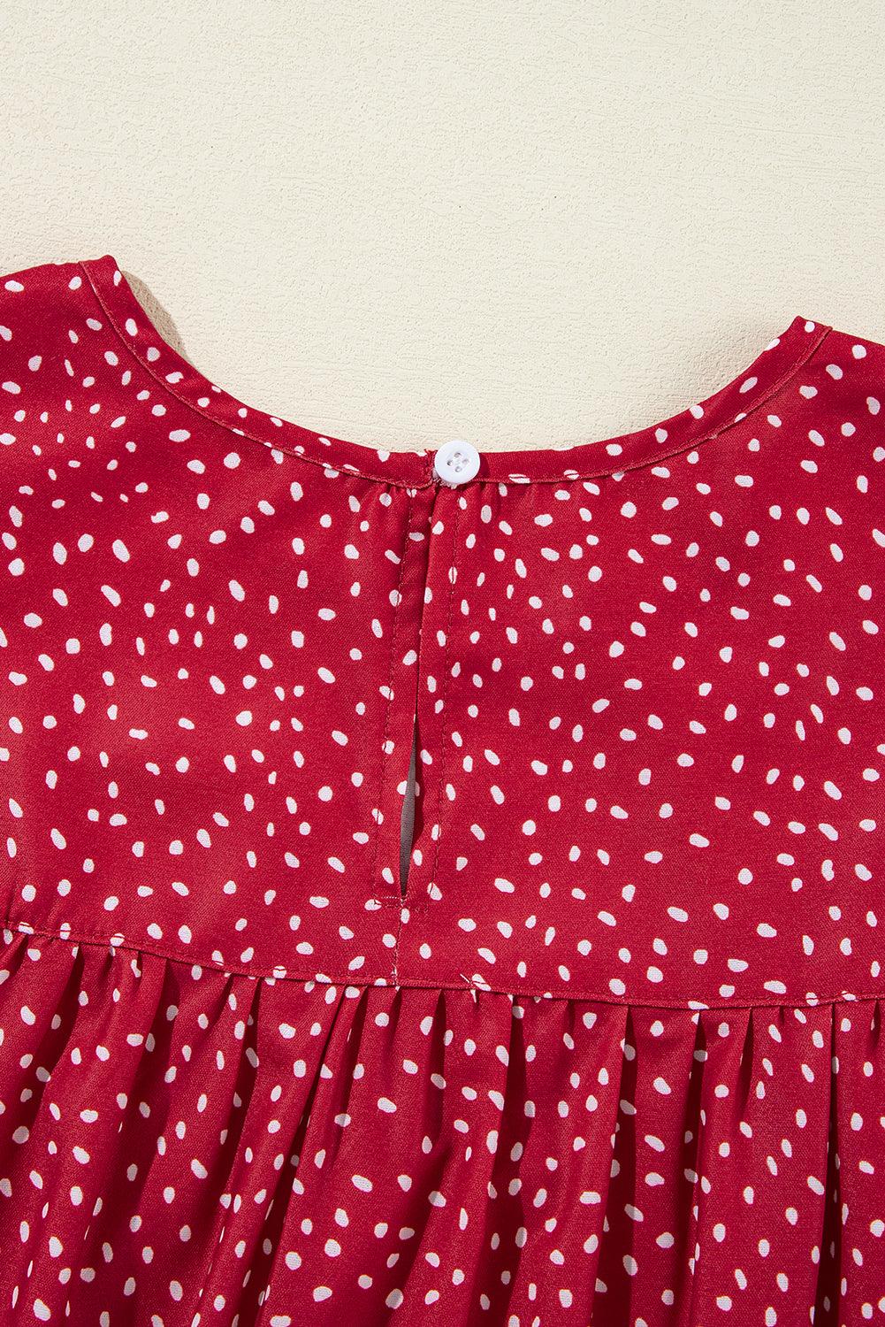 Fiery Red Spotted Print Pleated Ruffle Sleeve Blouse - The Fair Lady Shop