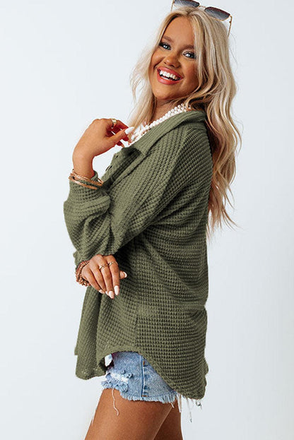 Khaki Waffle Knit Pocket Button Front Shacket - The Fair Lady Shop