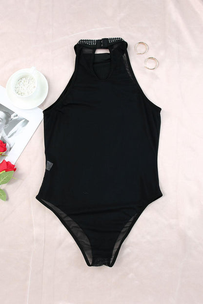 Black Sexy Rhinestone Sleeveless High Neck Bodysuit - The Fair Lady Shop