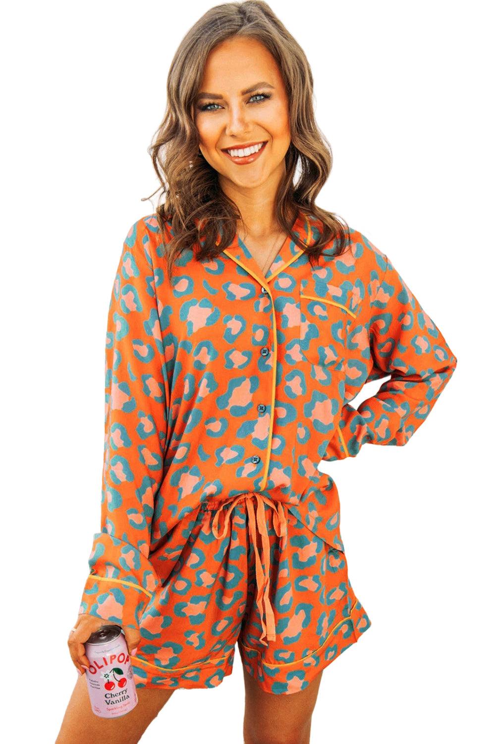 Orange Leopard Print Long Sleeve Shirt and Shorts Pajama Set - The Fair Lady Shop