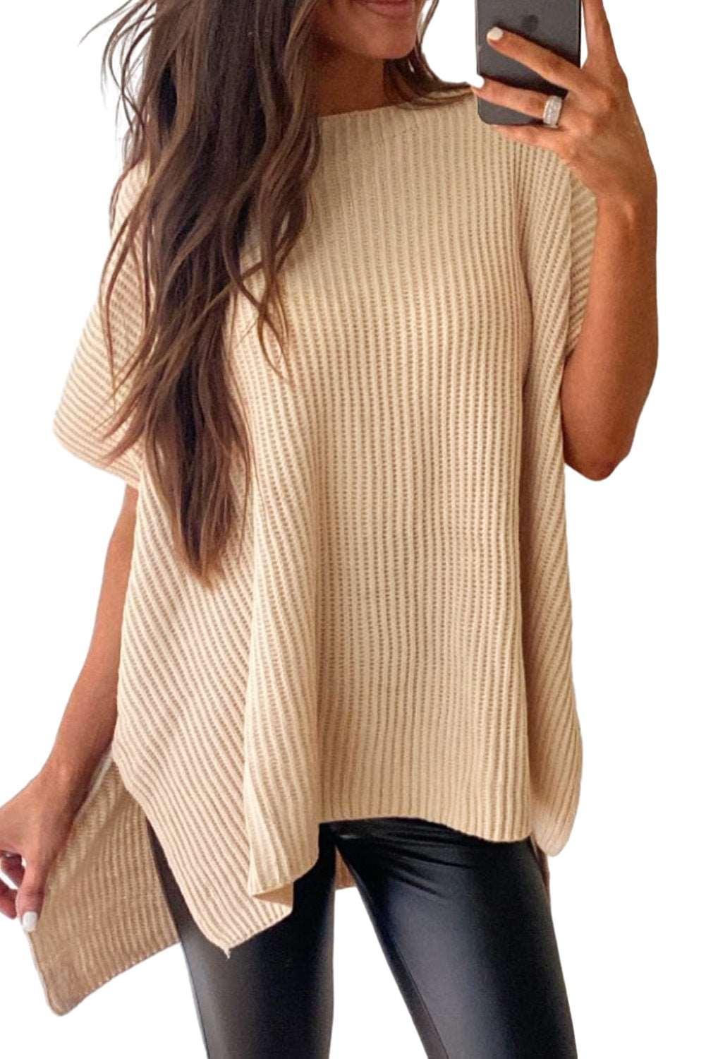 Apricot Side Slit Short Sleeve Oversized Sweater - The Fair Lady Shop