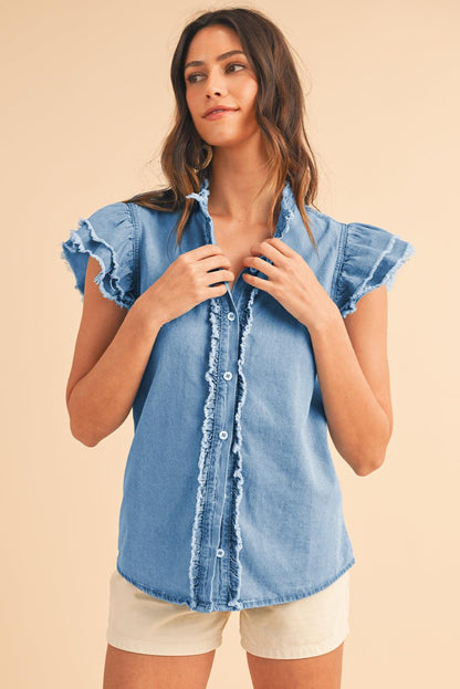 Ashleigh Blue Button Front Ruffled Flutter Frayed Denim Top - The Fair Lady Shop