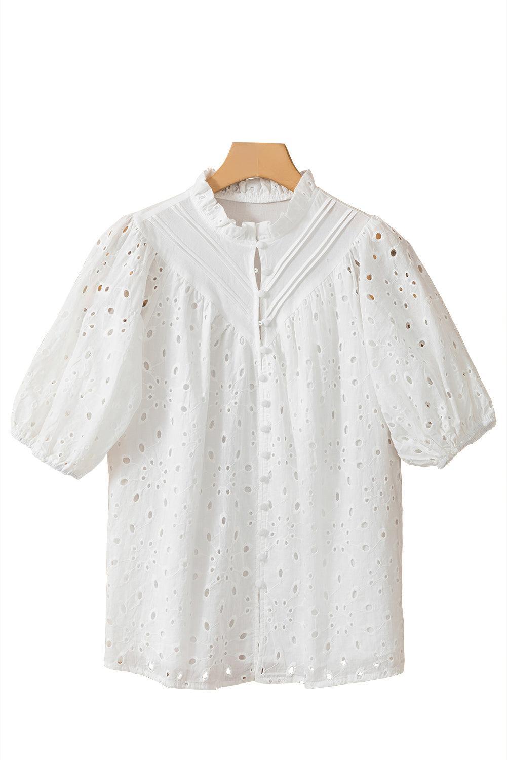 Bonbon Hollow-out Flower Embroidered Short Puff Sleeve Blouse - The Fair Lady Shop