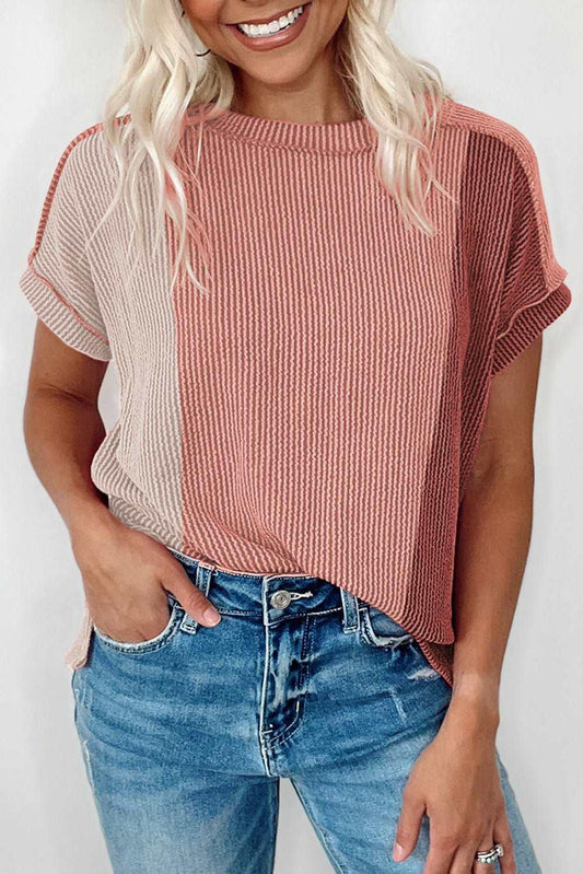 Apricot Pink Colorblock Ribbed Round Neck T Shirt - The Fair Lady Shop