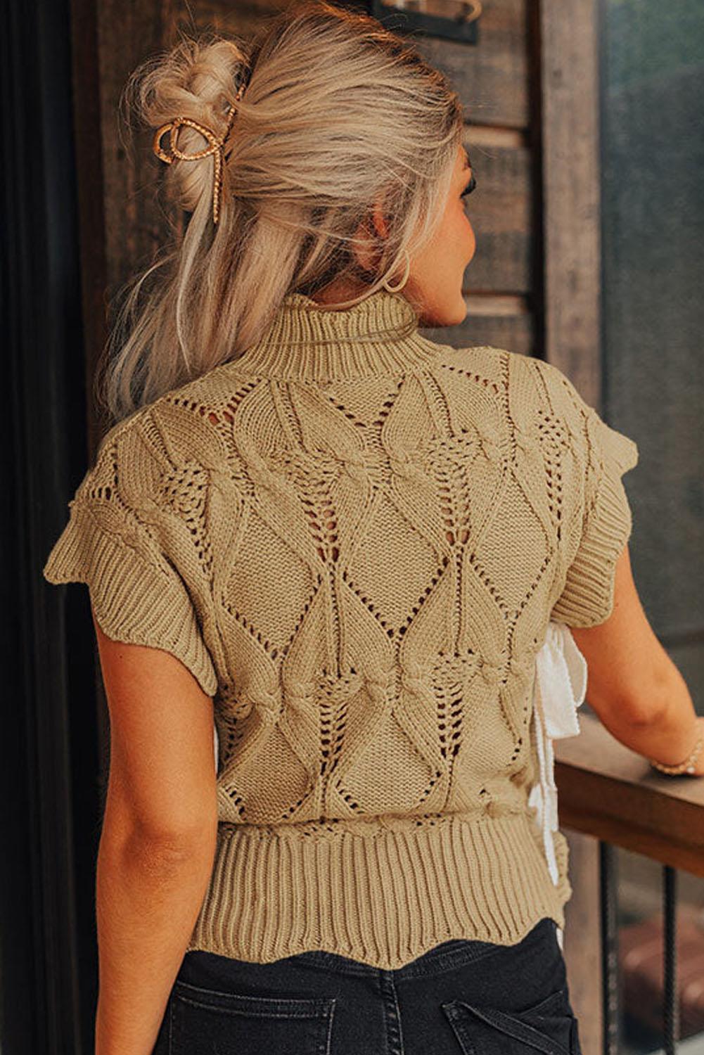 Light French Beige Hollowed Knit Scalloped Trim High Neck Sweater - The Fair Lady Shop