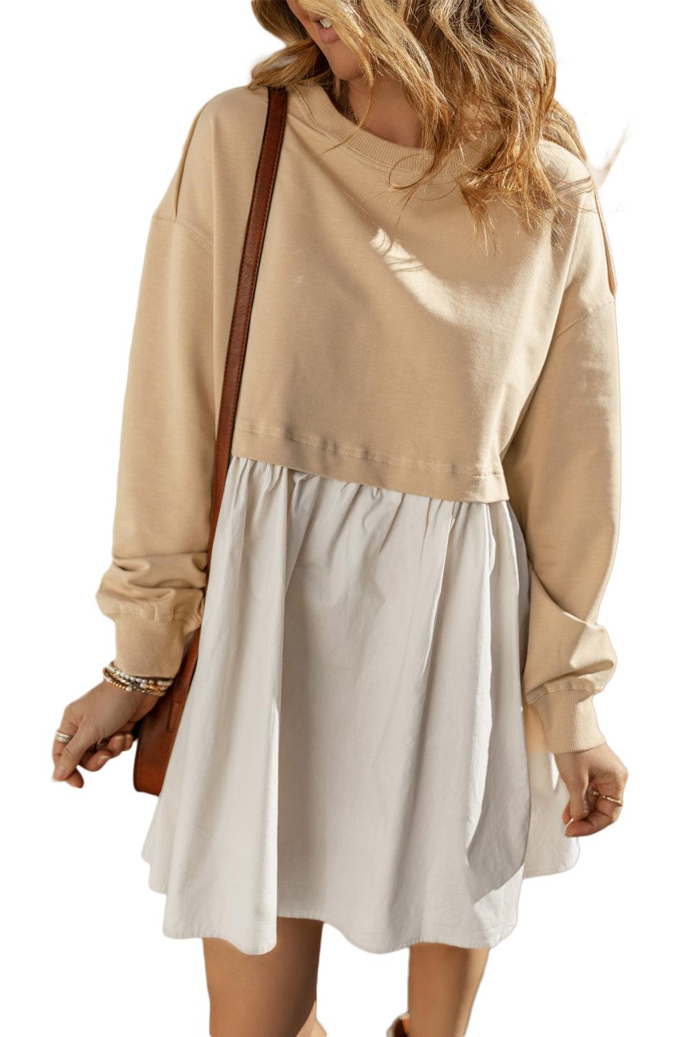 Khaki Sweatshirt Colorblock Flowy Pleated Mini Dress - The Fair Lady Shop