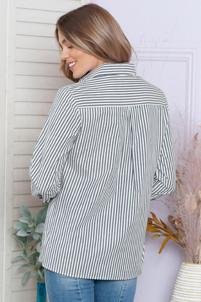 Blue Striped Chic Pockets Roll Up Sleeve Buttons Front Shirt - The Fair Lady Shop