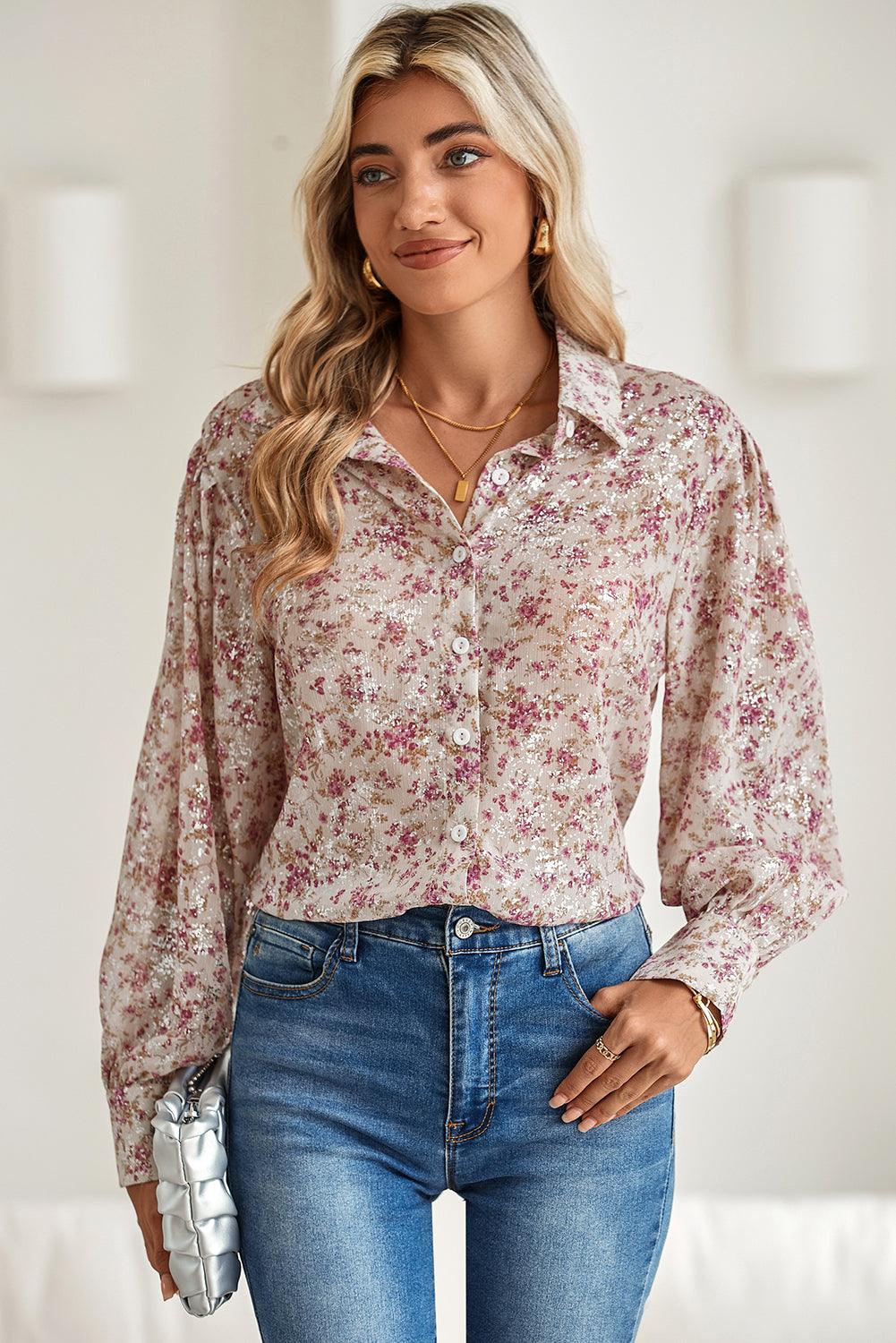 Pink Ditsy Floral Print Bishop Sleeve Collared V Neck Shirt - The Fair Lady Shop