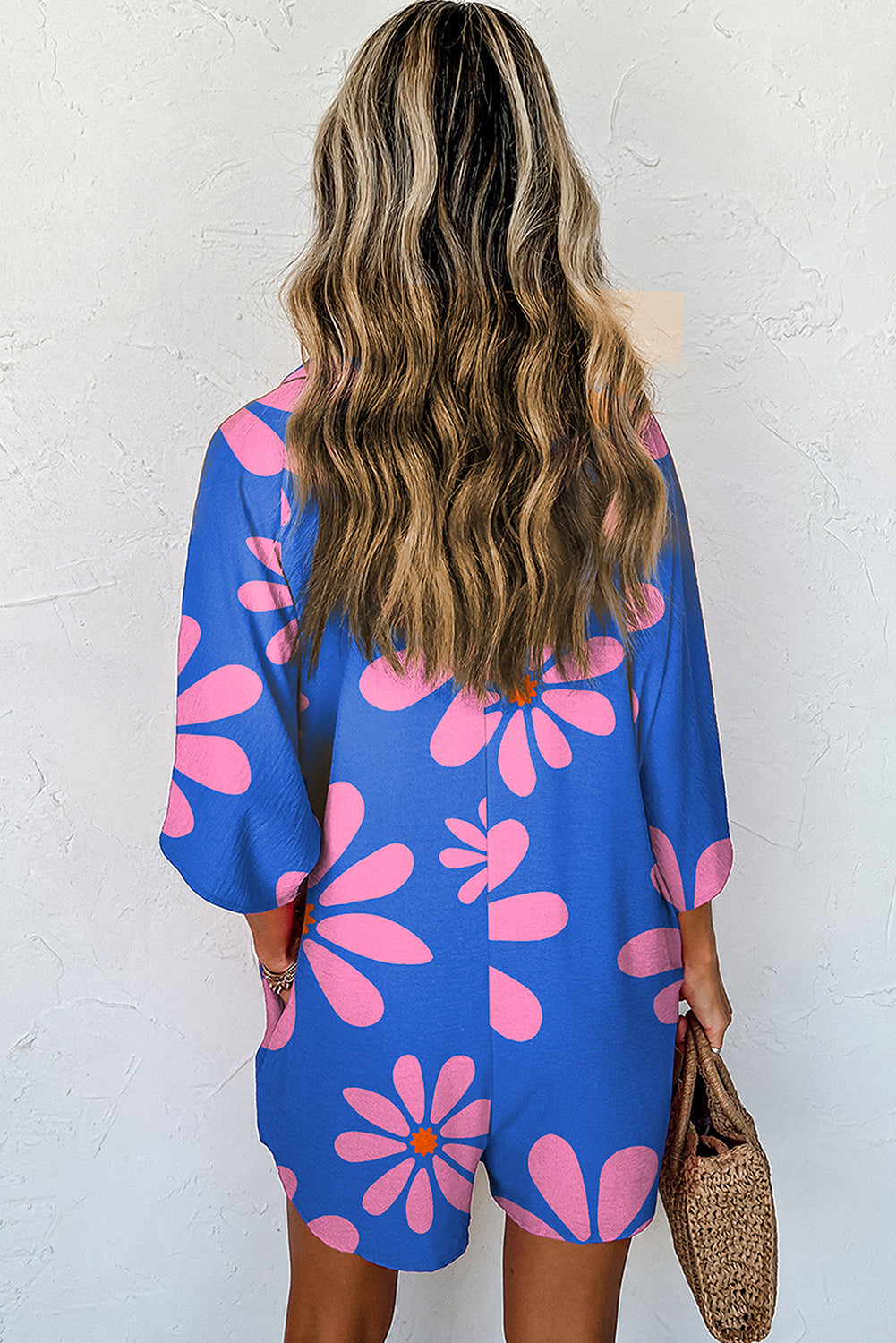 Blue Summer Flower Print Shirt Collar Loose Romper - The Fair Lady Shop