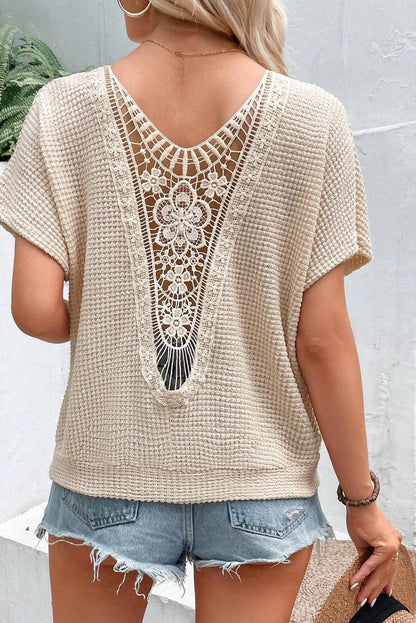 Oatmeal Guipure Lace Splicing Back Waffle Textured T-shirt - The Fair Lady Shop