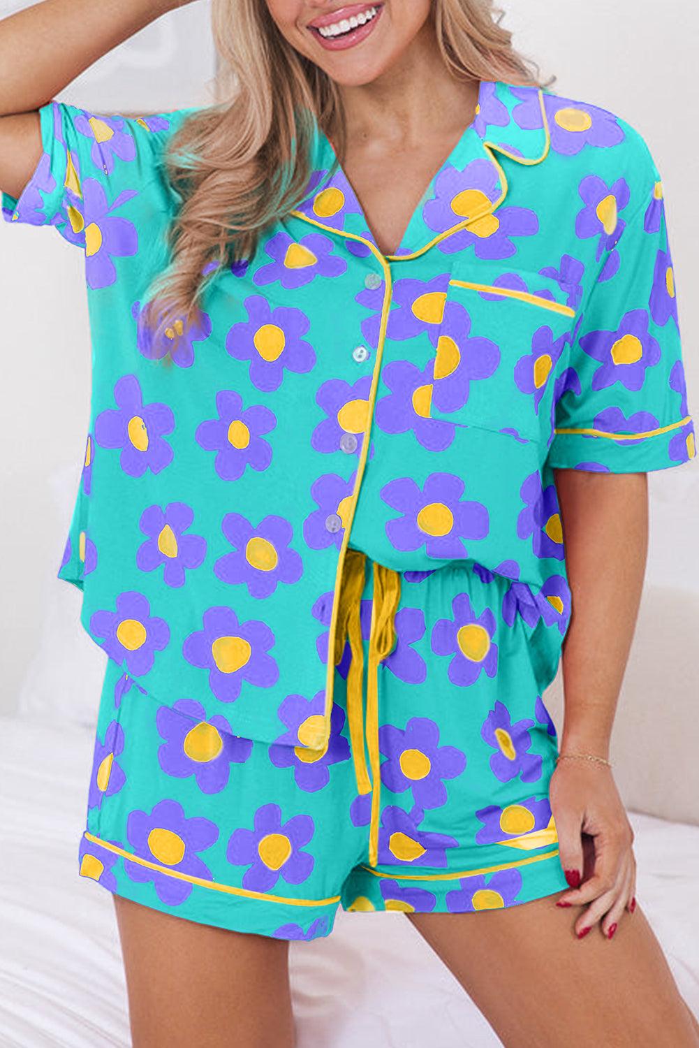 Green Flower Print Buttoned Shirt and Drawstring Waist Pajama Set - The Fair Lady Shop